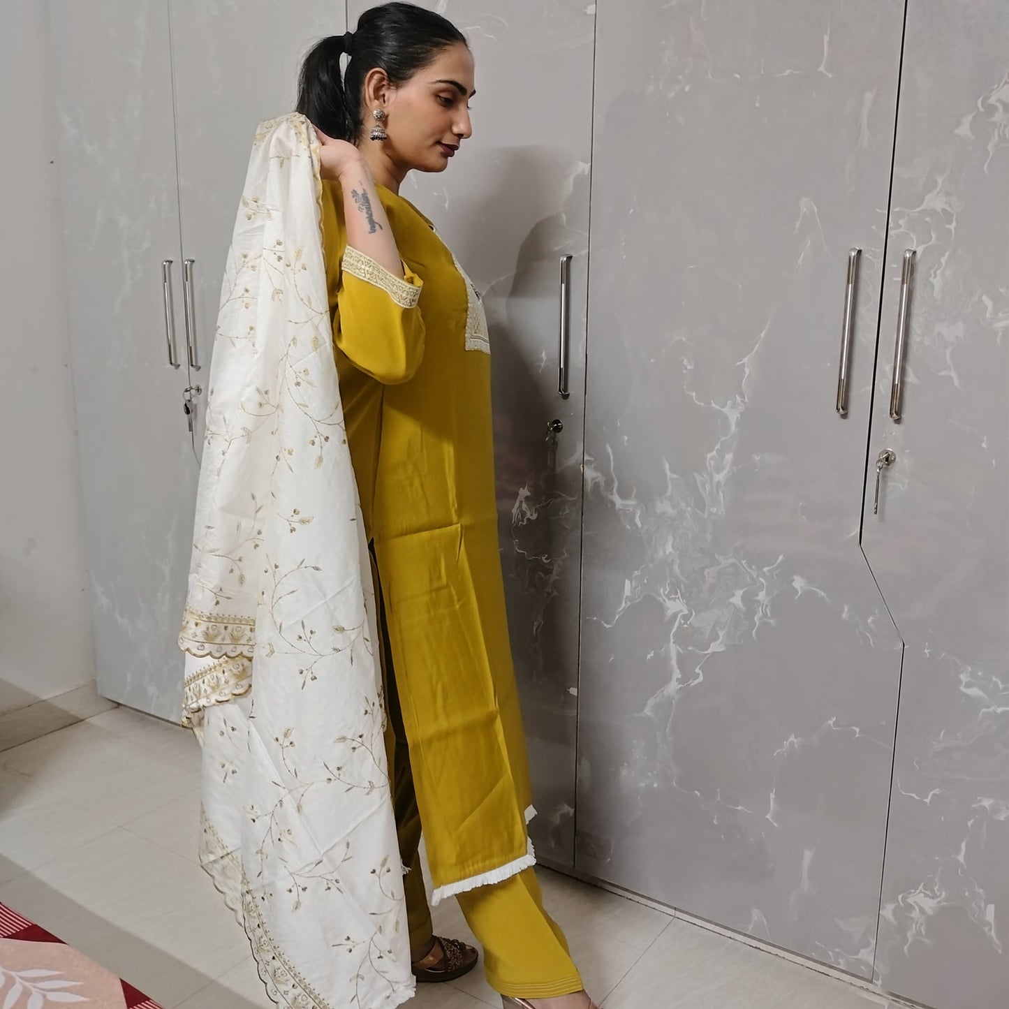 Mustard Yellow Embroidered Kurti Set for Women – 3 Piece with Dupatta & Pants (Festive & Wedding Wear)