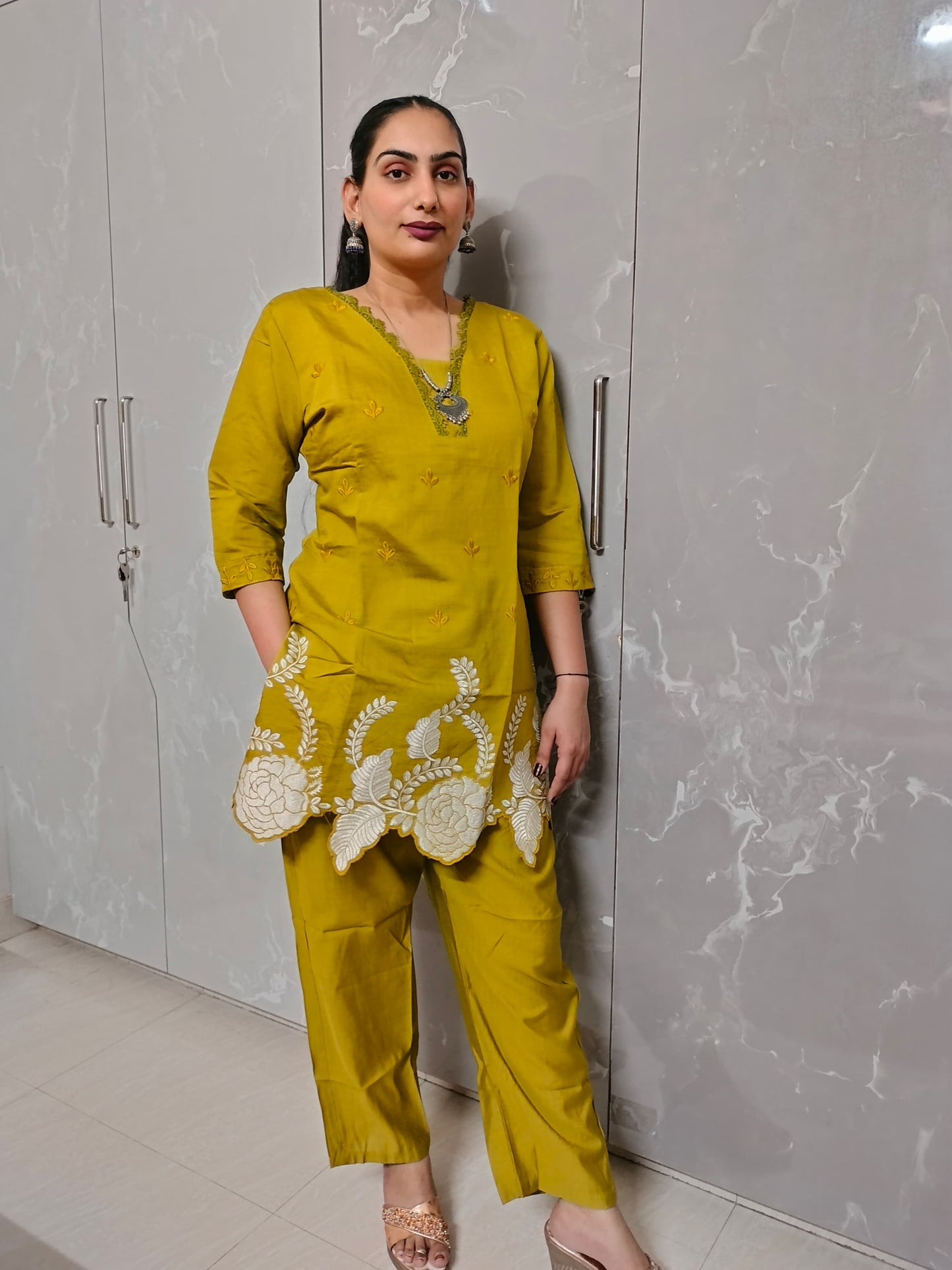 Earth Bloom – Mustard Green Rayon Cord Set