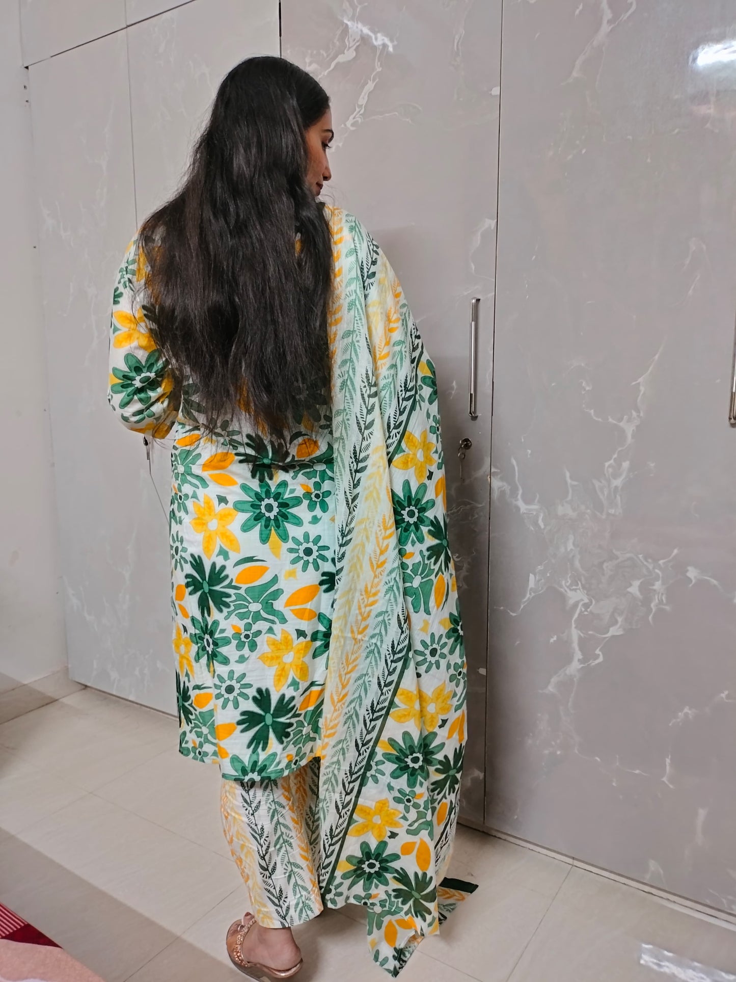 Floral Print Mustard Green 3-Piece Cotton Kurti Set with Gota Work – Dupatta & Pants Included