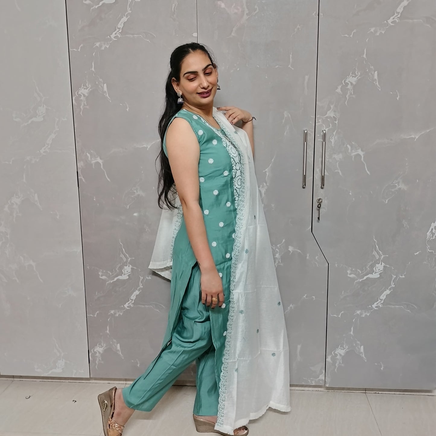 Light Sea Green 3-Piece Embroidered Kurti Set with Dupatta | Elegant Ethnic Wear by Neilvastra