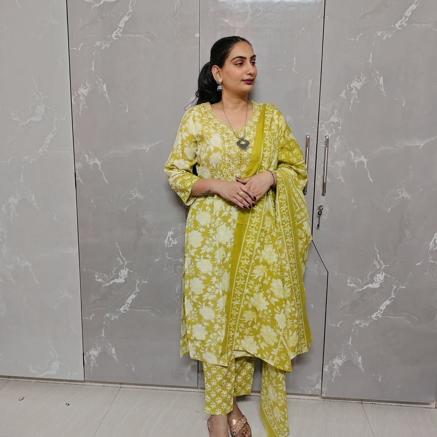 Avocado Grace – Embroidered 3-Piece Kurti Set (With Dupatta & Pants)