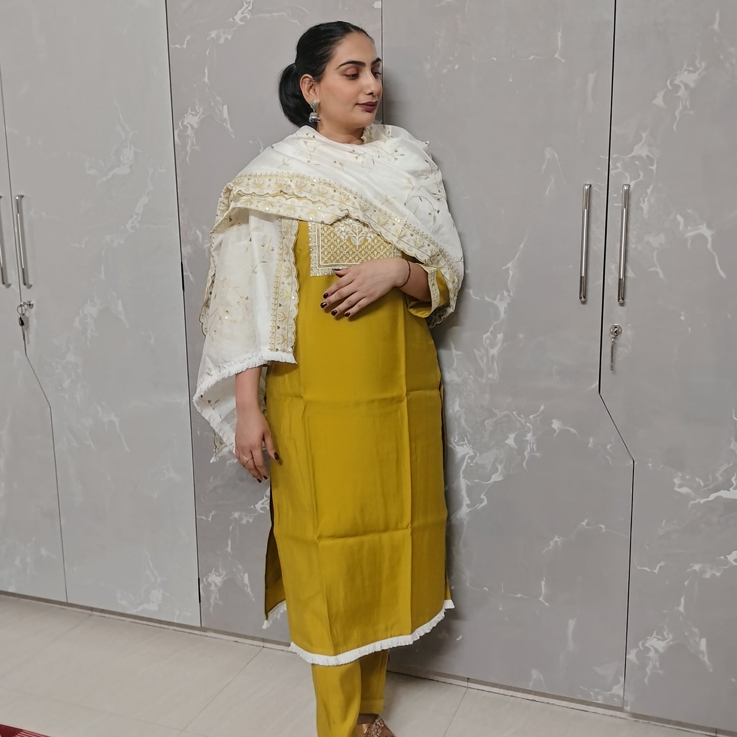 Mustard Yellow Embroidered Kurti Set for Women – 3 Piece with Dupatta & Pants (Festive & Wedding Wear)