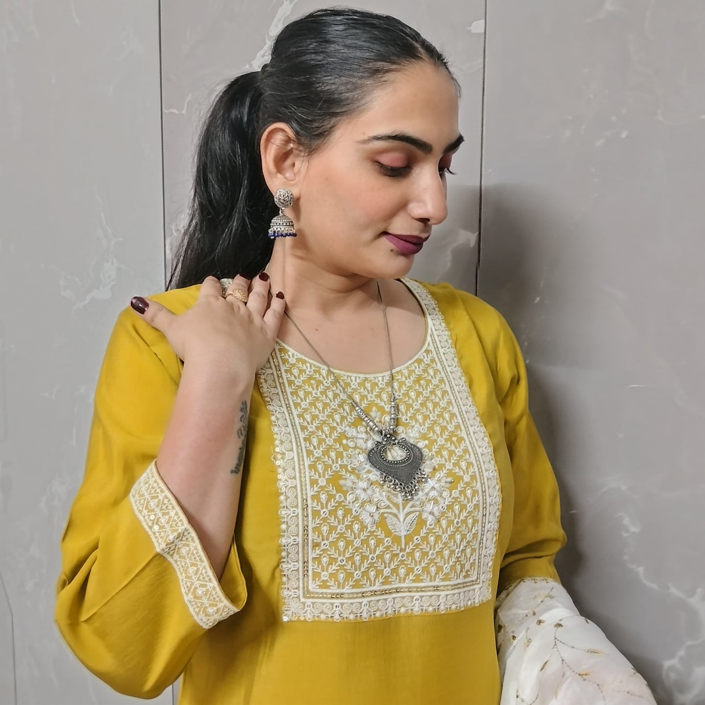 Mustard Yellow Embroidered Kurti Set for Women – 3 Piece with Dupatta & Pants (Festive & Wedding Wear)