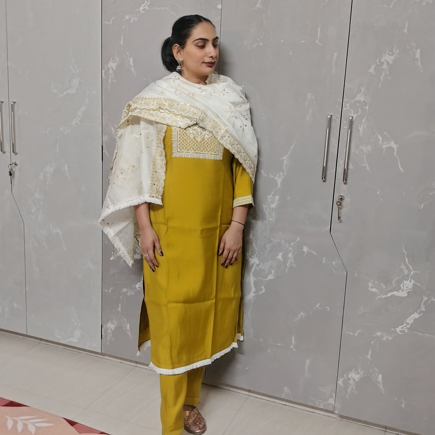 Mustard Yellow Embroidered Kurti Set for Women – 3 Piece with Dupatta & Pants (Festive & Wedding Wear)