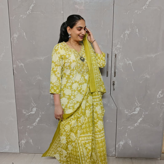 Avocado Grace – Embroidered 3-Piece Kurti Set (With Dupatta & Pants)