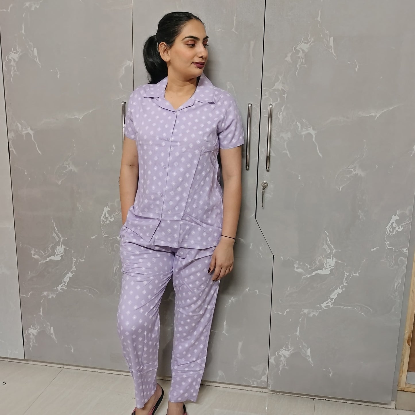 Light Lavender Cotton Night Suit Set | Soft & Stylish Loungewear by Neilvastra