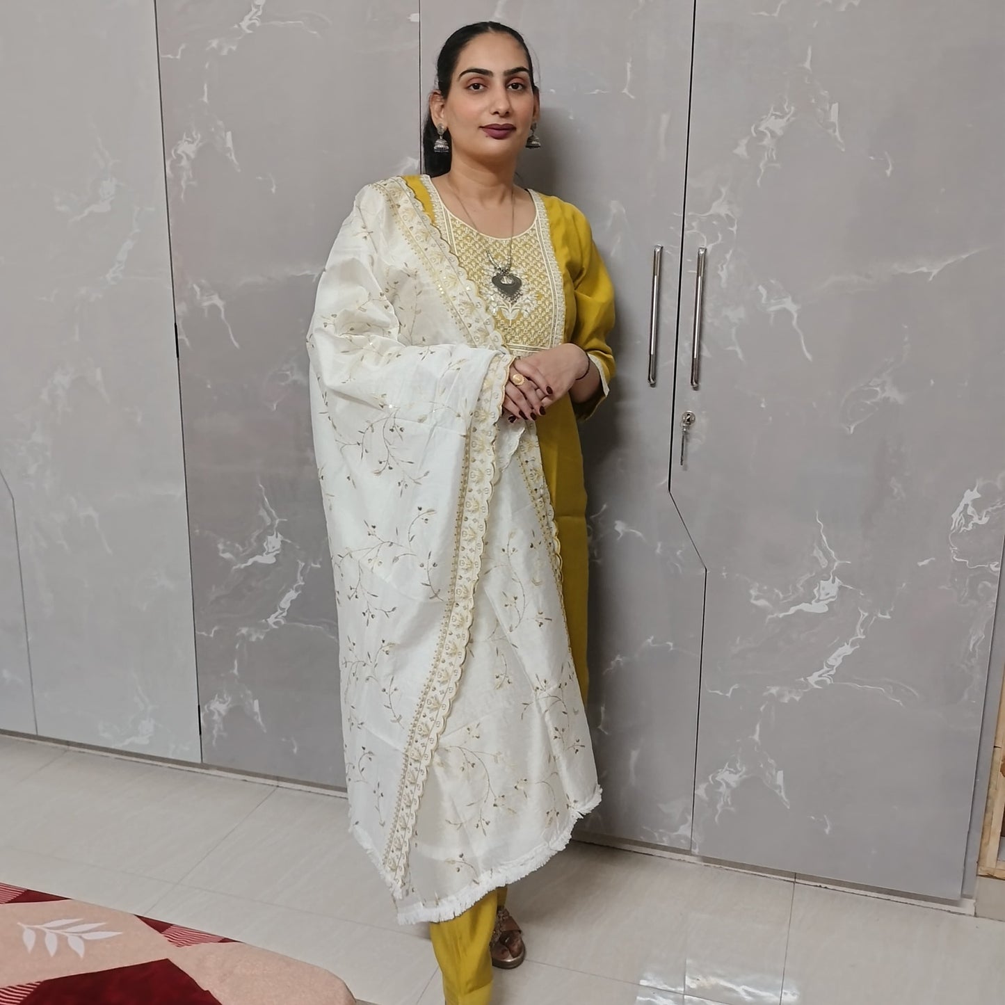 Mustard Yellow Embroidered Kurti Set for Women – 3 Piece with Dupatta & Pants (Festive & Wedding Wear)