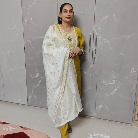 Mustard Yellow Embroidered Kurti Set for Women – 3 Piece with Dupatta & Pants (Festive & Wedding Wear)