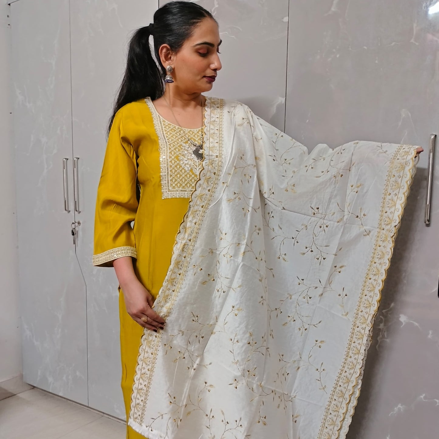 Mustard Yellow Embroidered Kurti Set for Women – 3 Piece with Dupatta & Pants (Festive & Wedding Wear)