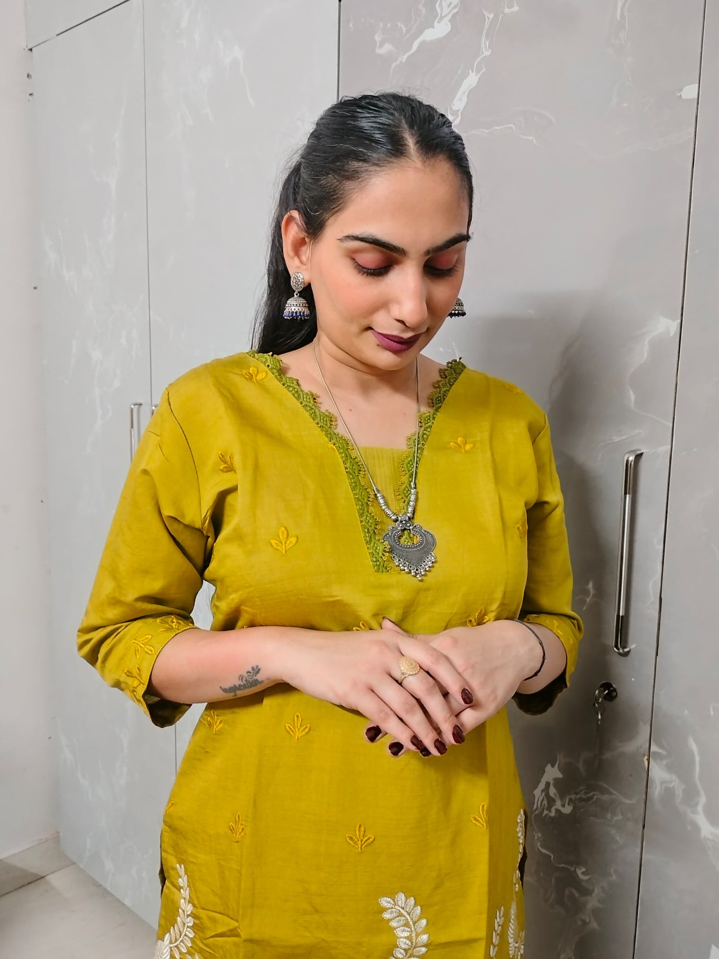Earth Bloom – Mustard Green Rayon Cord Set