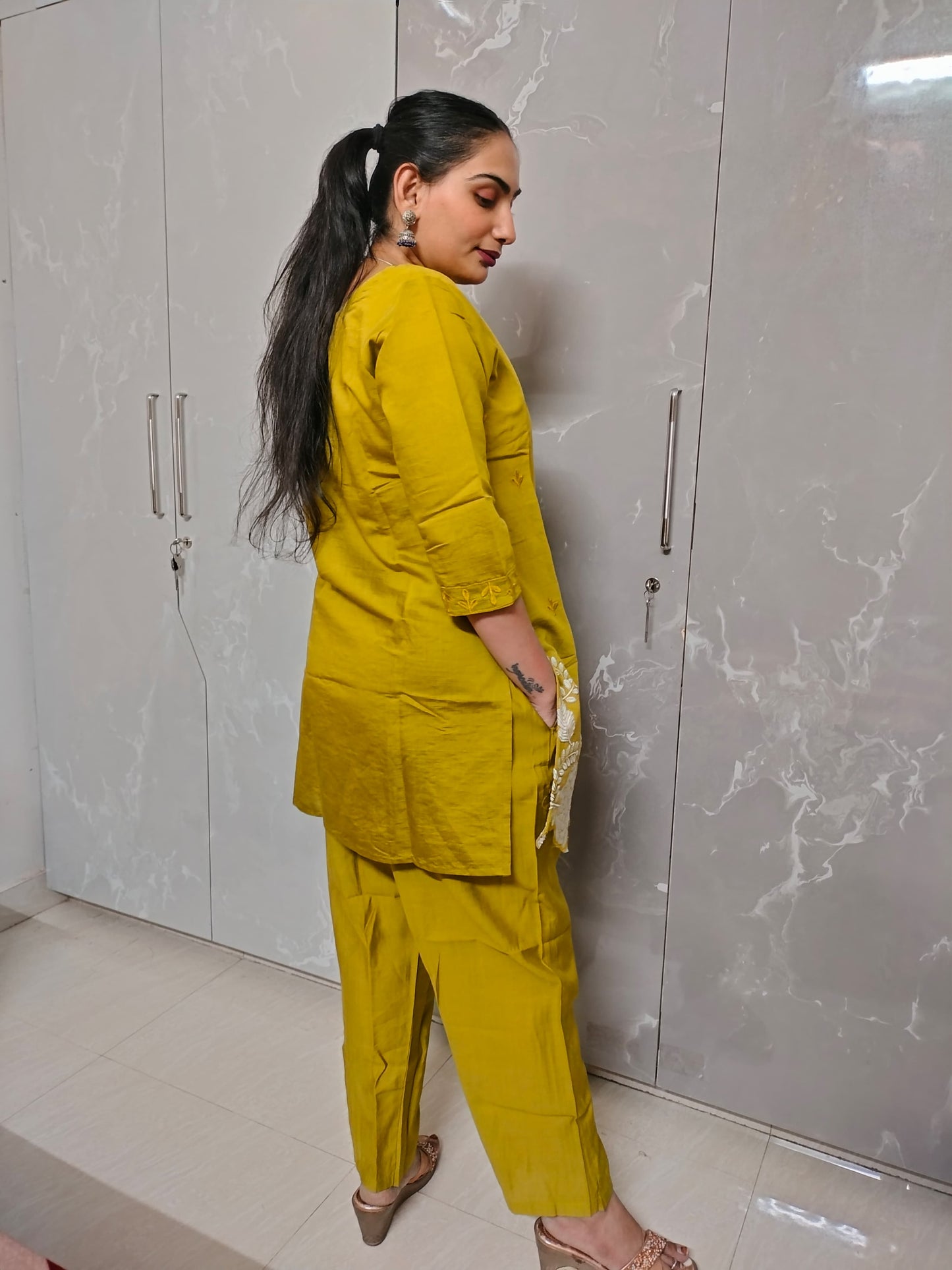 Earth Bloom – Mustard Green Rayon Cord Set