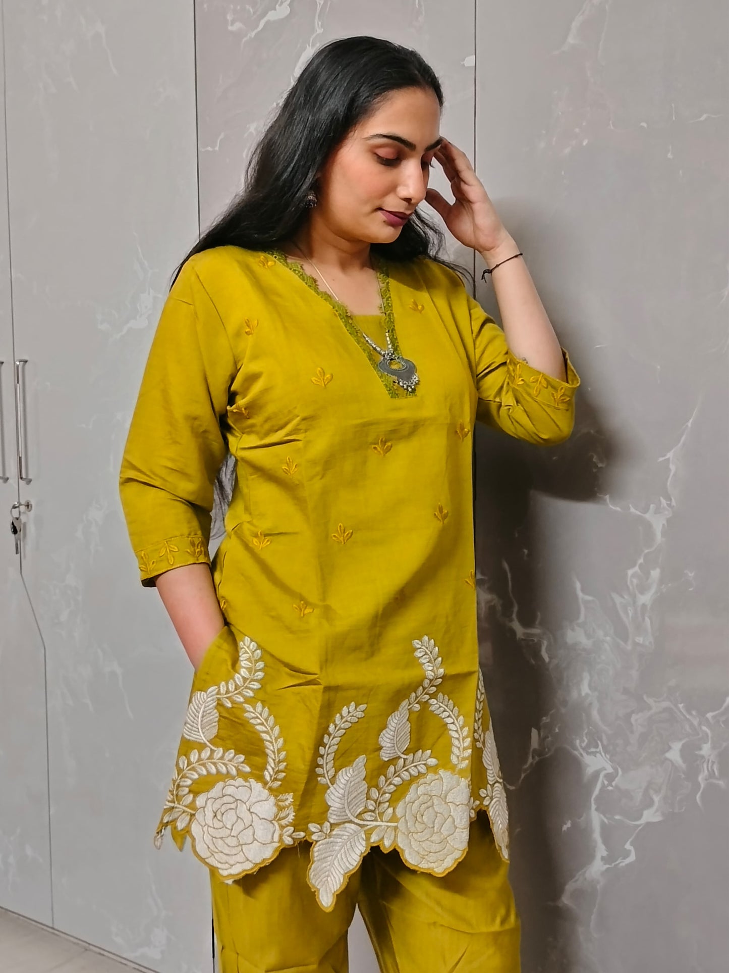 Earth Bloom – Mustard Green Rayon Cord Set