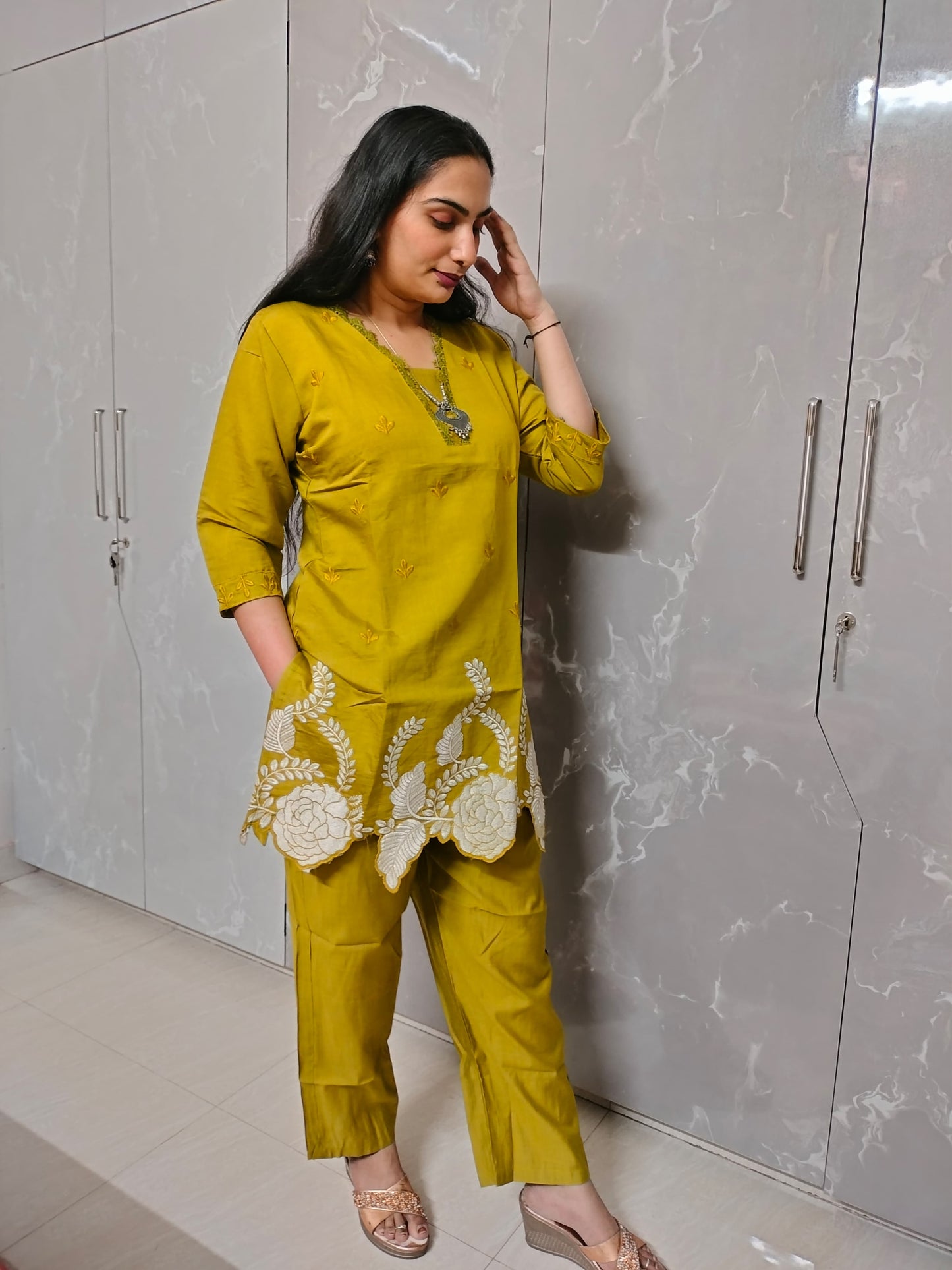 Earth Bloom – Mustard Green Rayon Cord Set