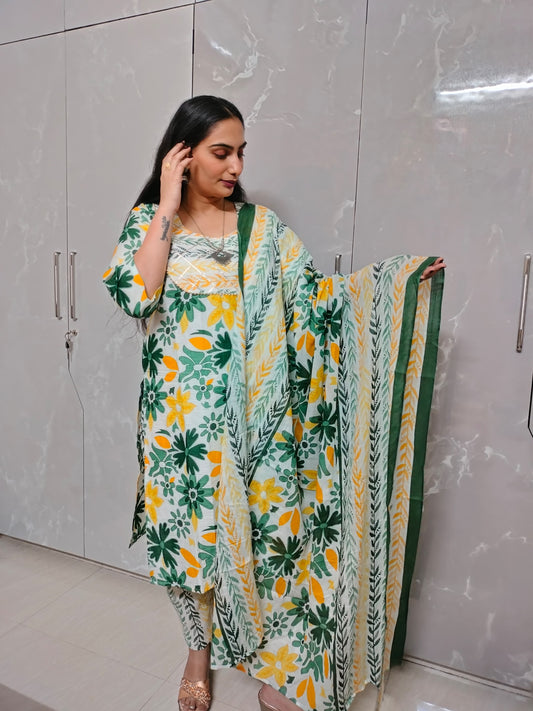 Floral Print Mustard Green 3-Piece Cotton Kurti Set with Gota Work – Dupatta & Pants Included