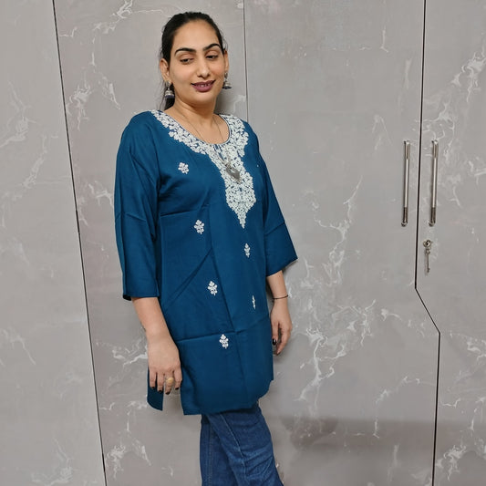 Embroidered Cotton Short Kurti for Women – Office Wear & Trendy Casual Style (Multiple Colors)
