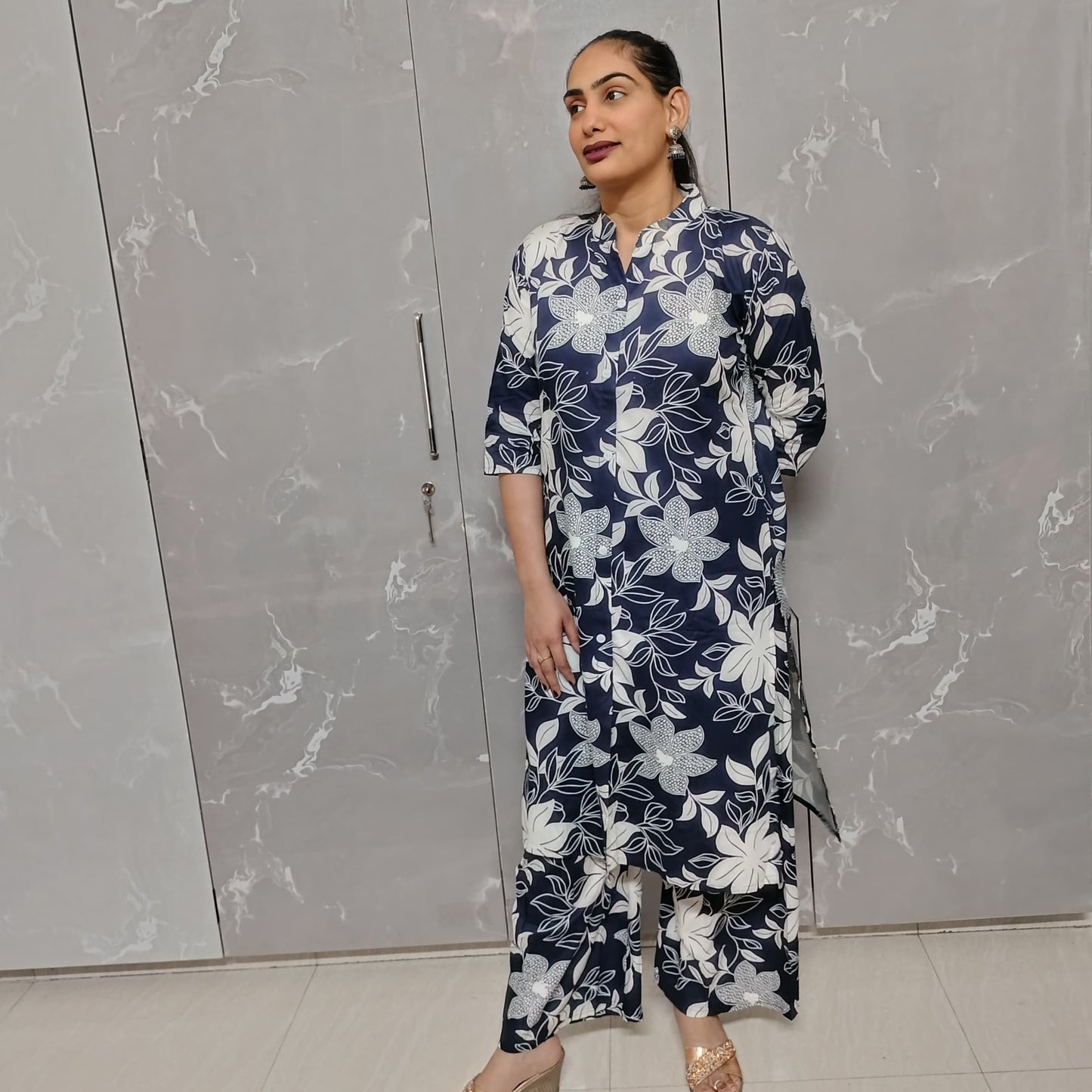 Dark Blue Kurti Plazo Set for Women – 2 Piece Ethnic Wear with White Floral Print (M to XXL)