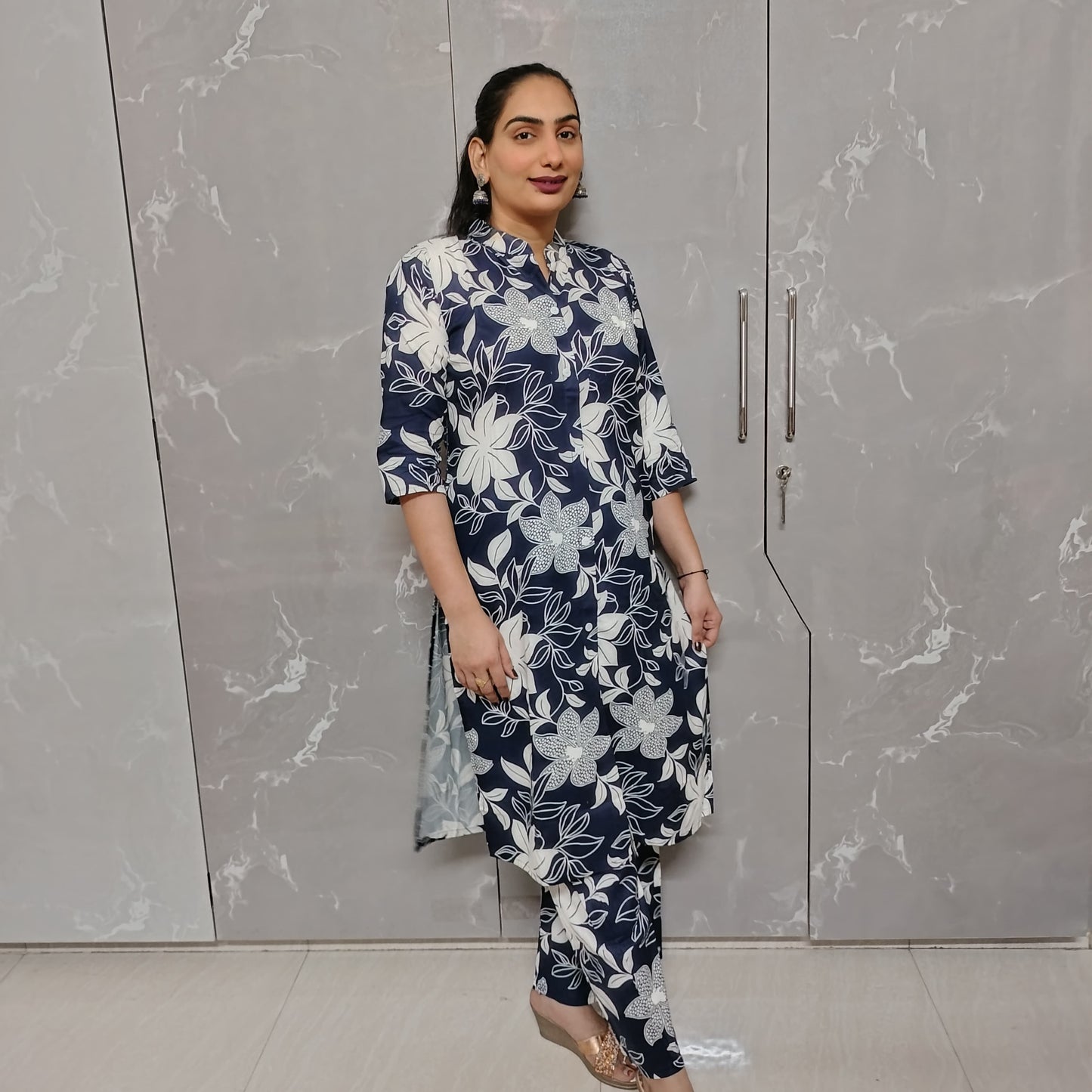 Dark Blue Kurti Plazo Set for Women – 2 Piece Ethnic Wear with White Floral Print (M to XXL)