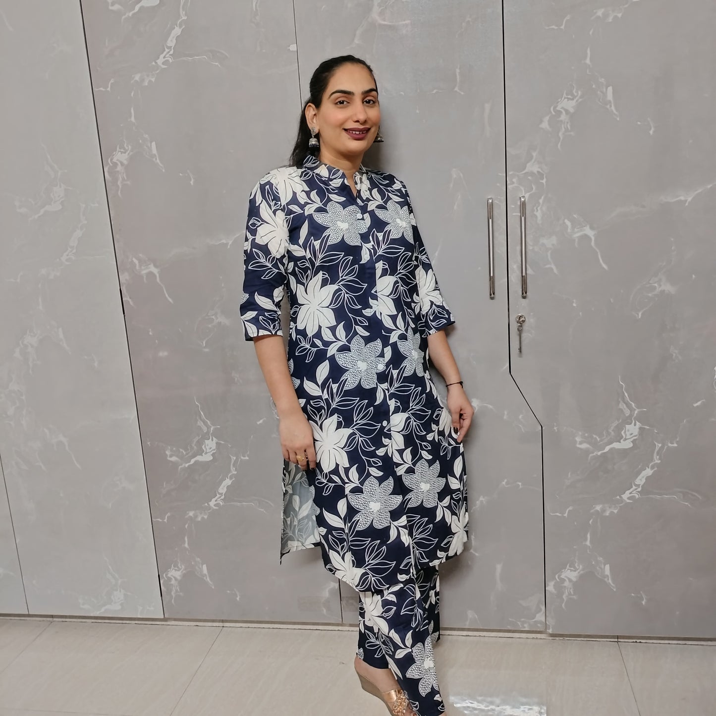 Dark Blue Kurti Plazo Set for Women – 2 Piece Ethnic Wear with White Floral Print (M to XXL)