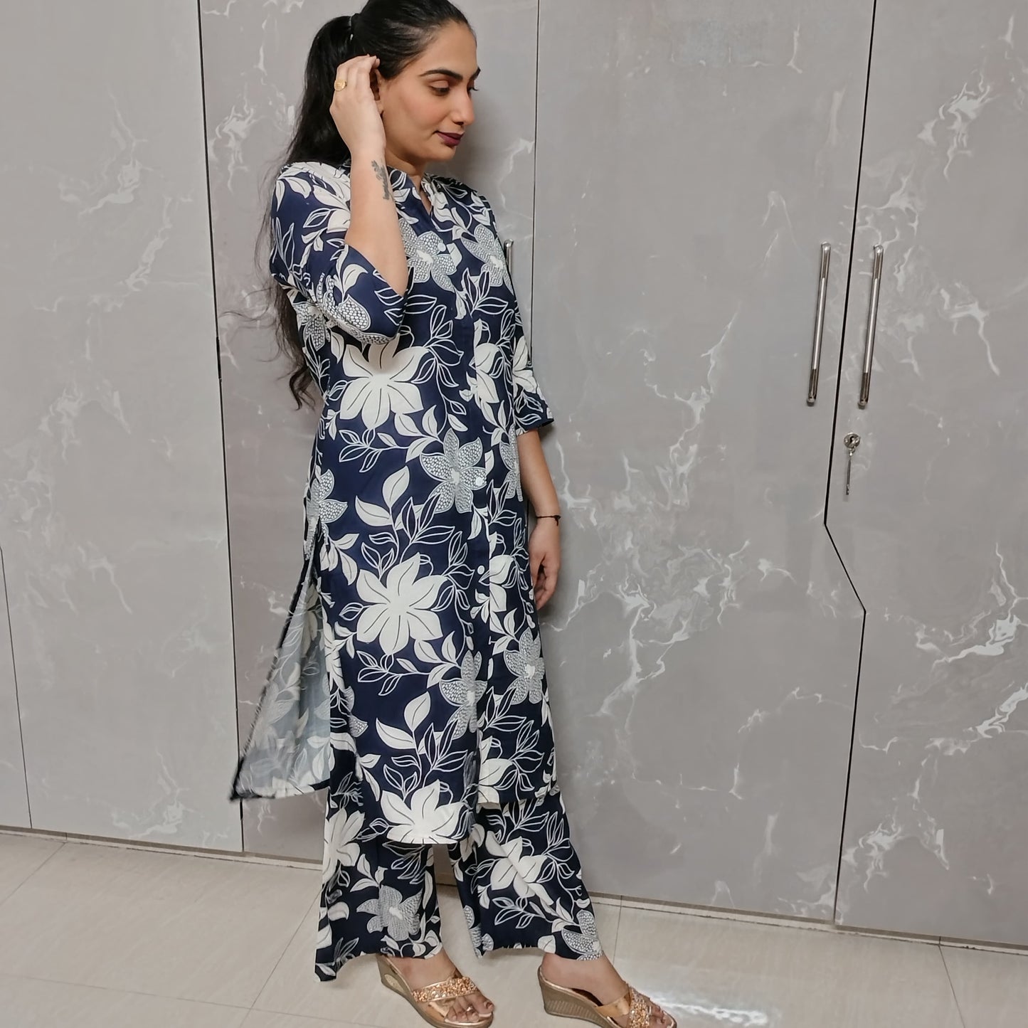 Dark Blue Kurti Plazo Set for Women – 2 Piece Ethnic Wear with White Floral Print (M to XXL)