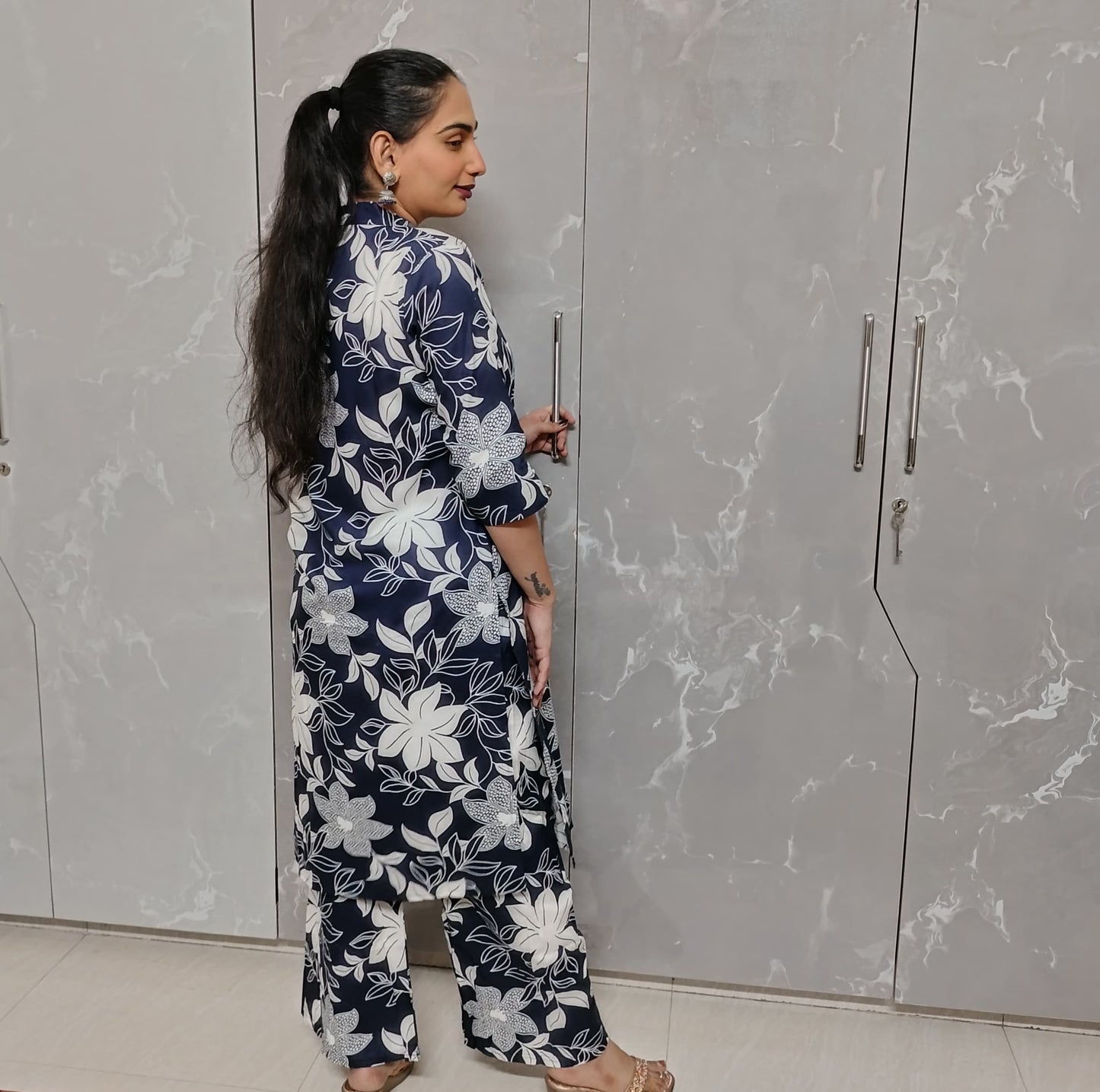 Dark Blue Kurti Plazo Set for Women – 2 Piece Ethnic Wear with White Floral Print (M to XXL)