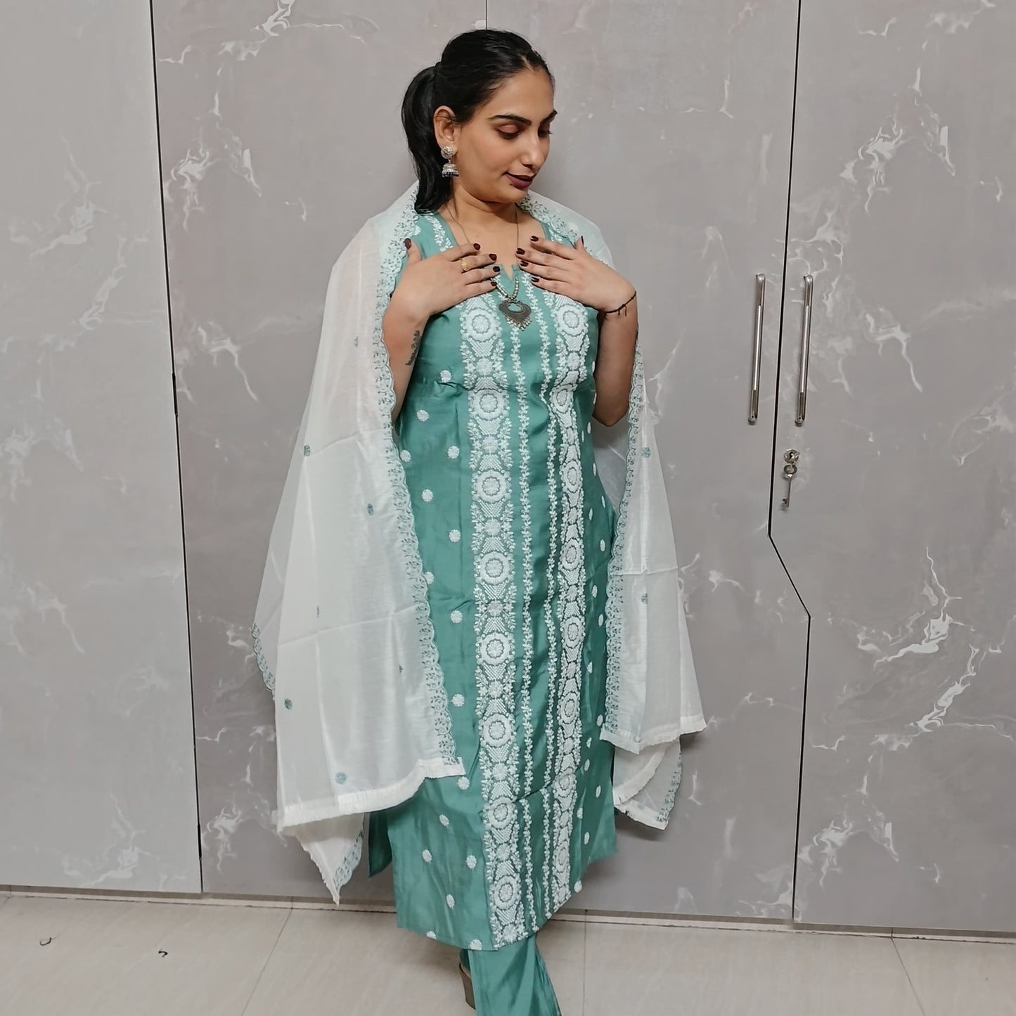 Light Sea Green 3-Piece Embroidered Kurti Set with Dupatta | Elegant Ethnic Wear by Neilvastra