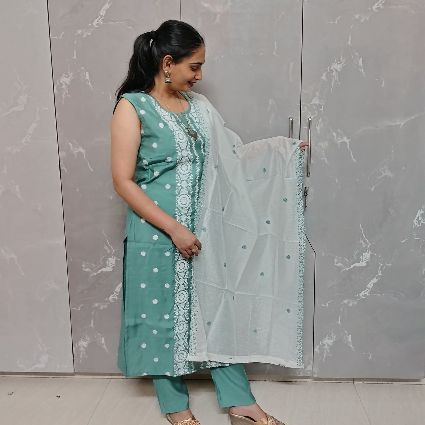 Light Sea Green 3-Piece Embroidered Kurti Set with Dupatta | Elegant Ethnic Wear by Neilvastra