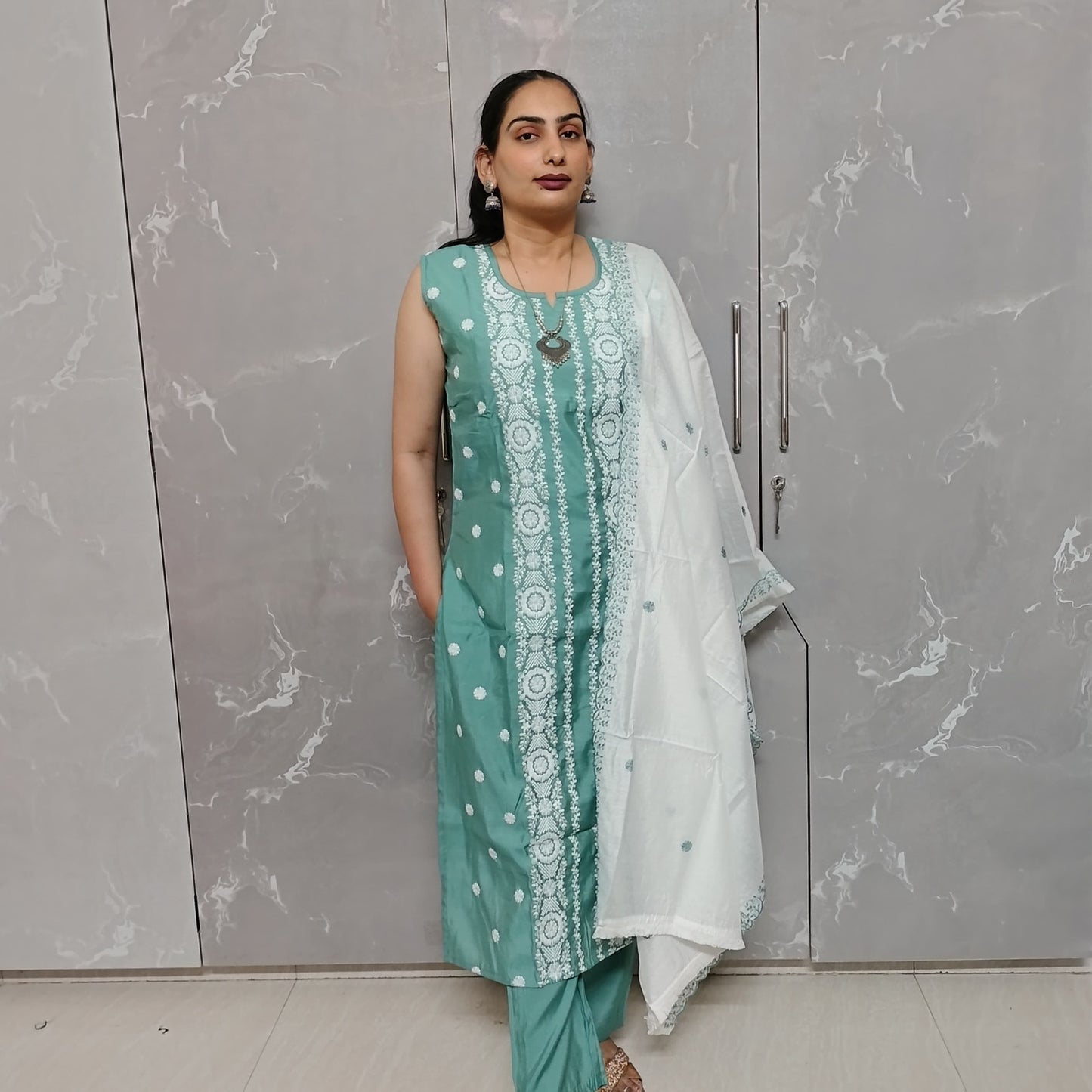 Light Sea Green 3-Piece Embroidered Kurti Set with Dupatta | Elegant Ethnic Wear by Neilvastra