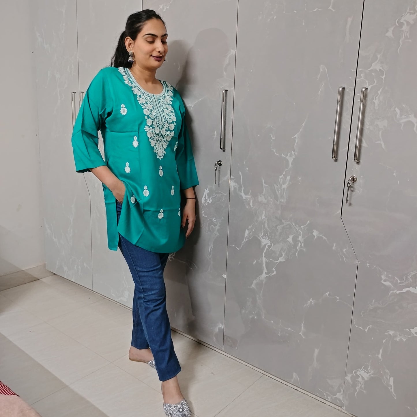 Embroidered Cotton Short Kurti for Women – Office Wear & Trendy Casual Style (Multiple Colors)