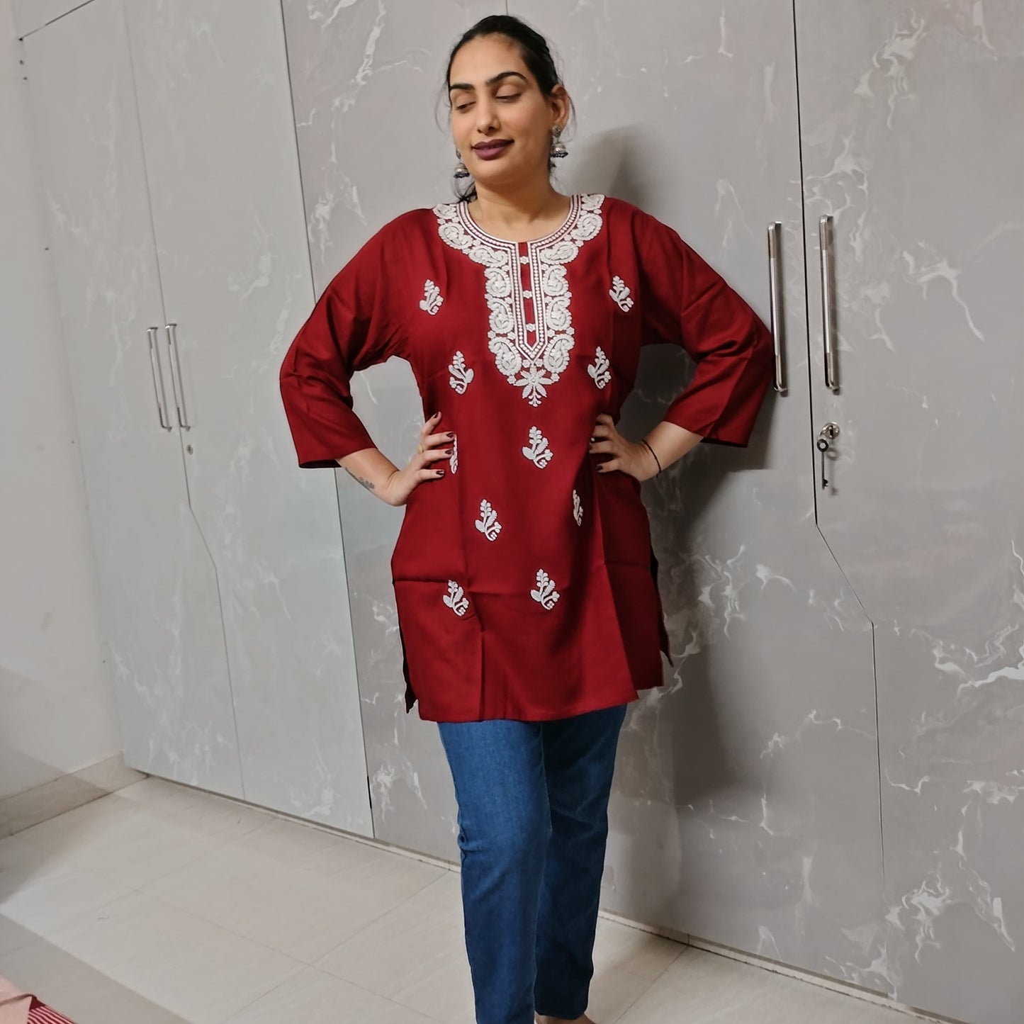 Embroidered Cotton Short Kurti for Women – Office Wear & Trendy Casual Style (Multiple Colors)