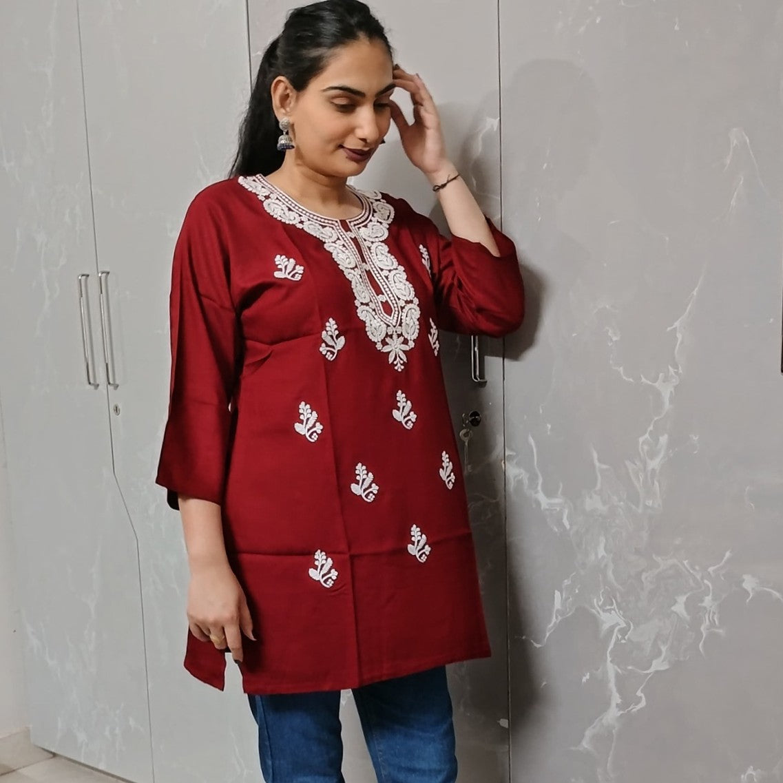 Embroidered Cotton Short Kurti for Women – Office Wear & Trendy Casual Style (Multiple Colors)